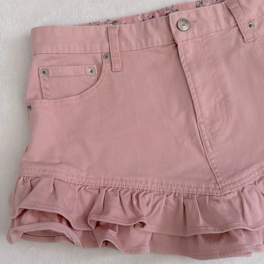 {NWT} GAP x LoveShackFancy | Stretch Denim Ruffle Hem Mini Skirt Pink (29/8P) - Picture 4 of 16